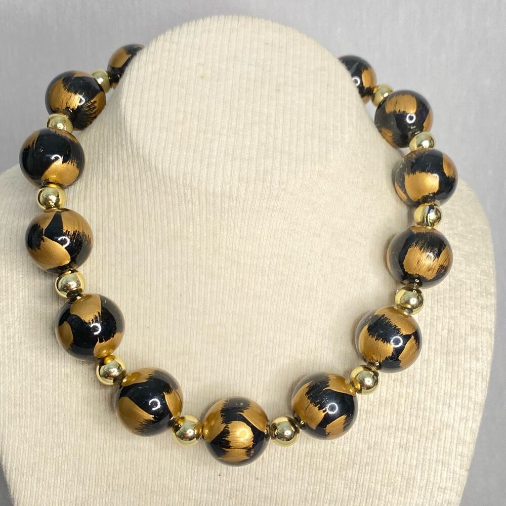 💎Chunky Beaded Collar Necklace Big And Small Round Black Gold Tone Balls